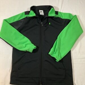 Nike Track Jacket Boys Medium Black Green Zip Sweater NIKE On Back H69